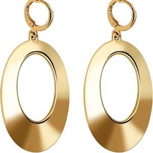 Women 14k Gold Plated Geometric Oval Dangle High Polished Surface Earrings